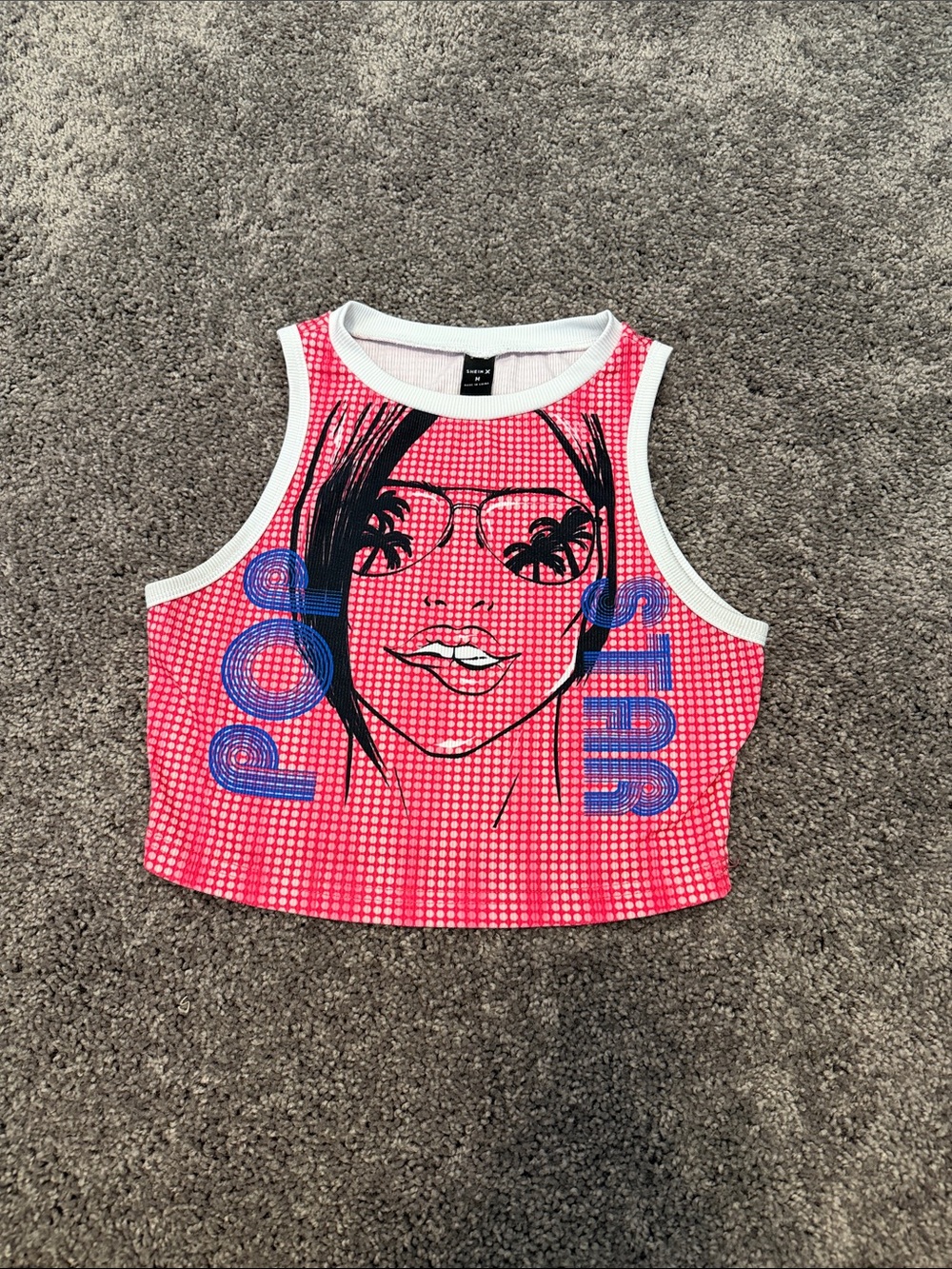SHEIN Pink Graphic Crop Tank with Blue Text & Black Face Print